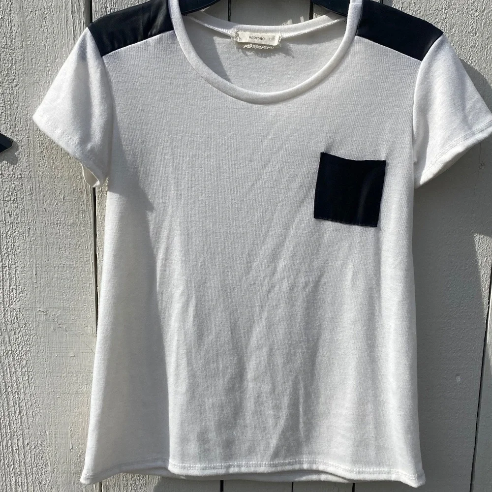 Soprano white short sleeve faux leather t-shirt girls 10-12